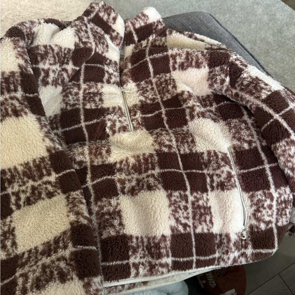 Brown and Cream Plaid Fleece Jacket